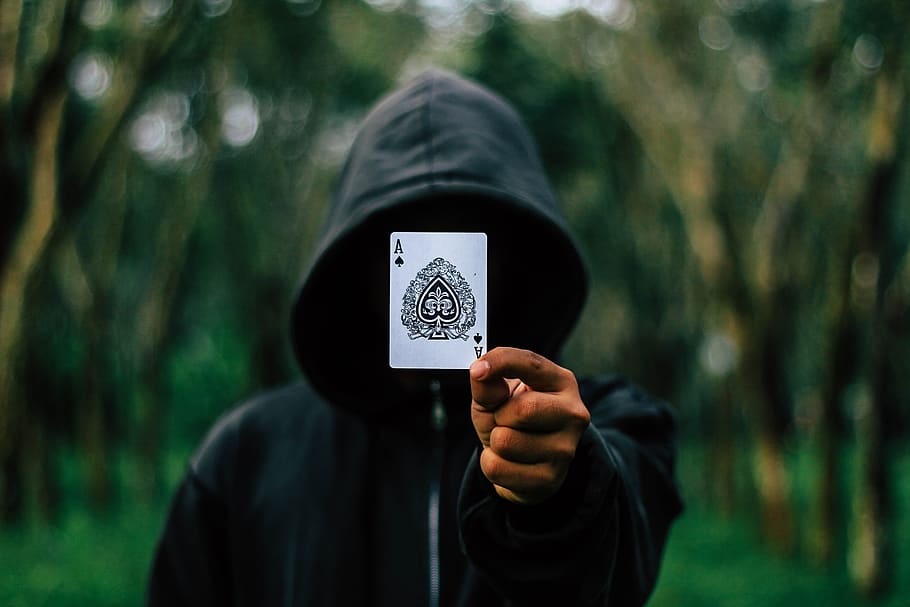 ace, cards, hooded, hood, man, adult, blur, dark, outdoors, game