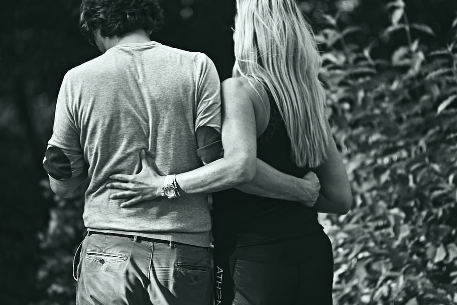 man, woman, couple, side by side, arm, hand, arms around, contact, walking, park