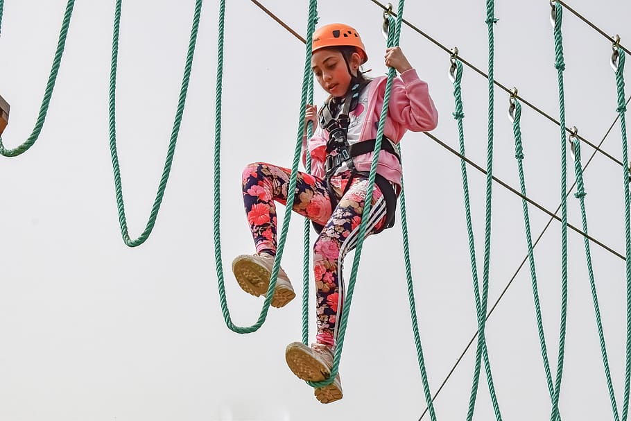 adventure park, ropes, girl, adventure, climb, courage, fun, high, agility, rope