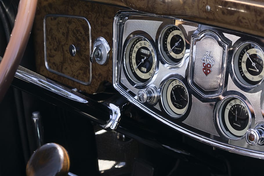 Packard 8, convertible, 1930, retro, dashboard, detail, klasik, emblem, logo, jam