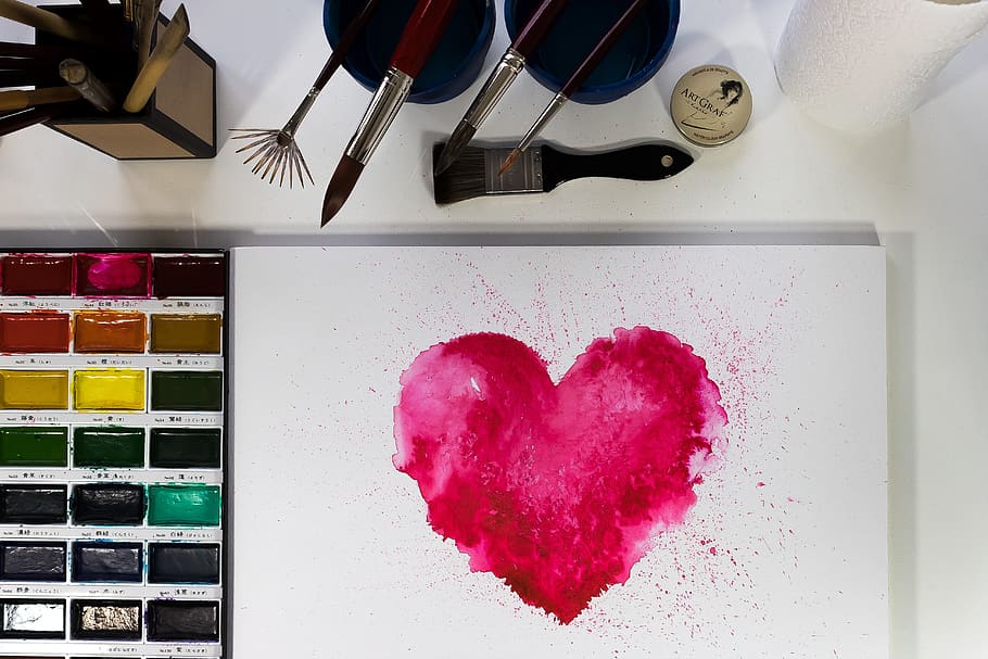 heart, valentine, love, affection, red, pink, watercolor, paint, painting technique, brush