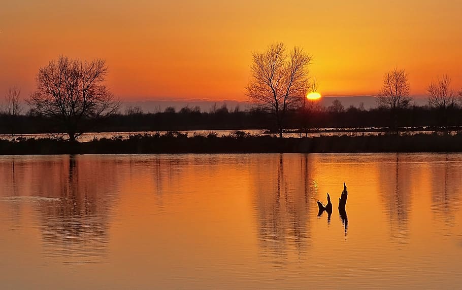 sunset, colorful, sky, silhouettes, reflection, nature, outdoors, water, dusk, evening
