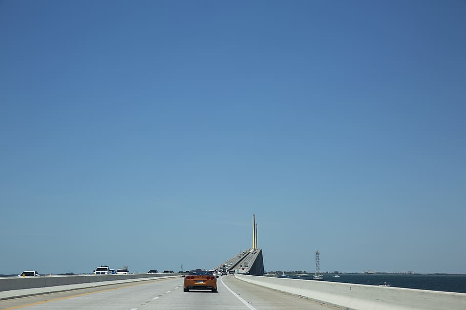 ponte, tráfego, carros, viagem, oceano, água, azul, céu, céu azul, mínimo
