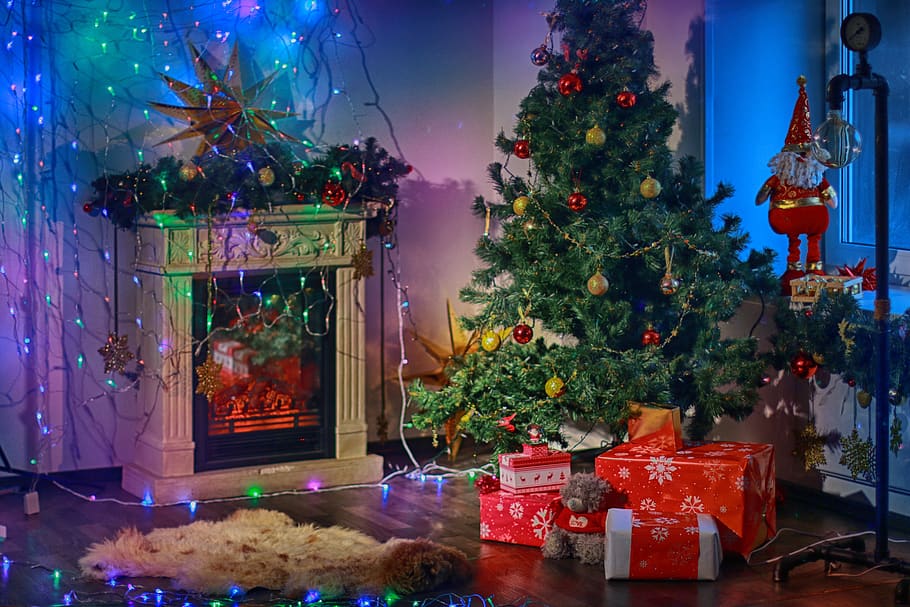 natal, interior, aconchegante, pouca luz, lareira, decoração, decoração de natal, celebração, árvore de natal, férias