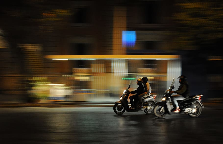 scooter, moto, estrada, rua, noite, escuro, montando, movimento borrado, transporte, movimento