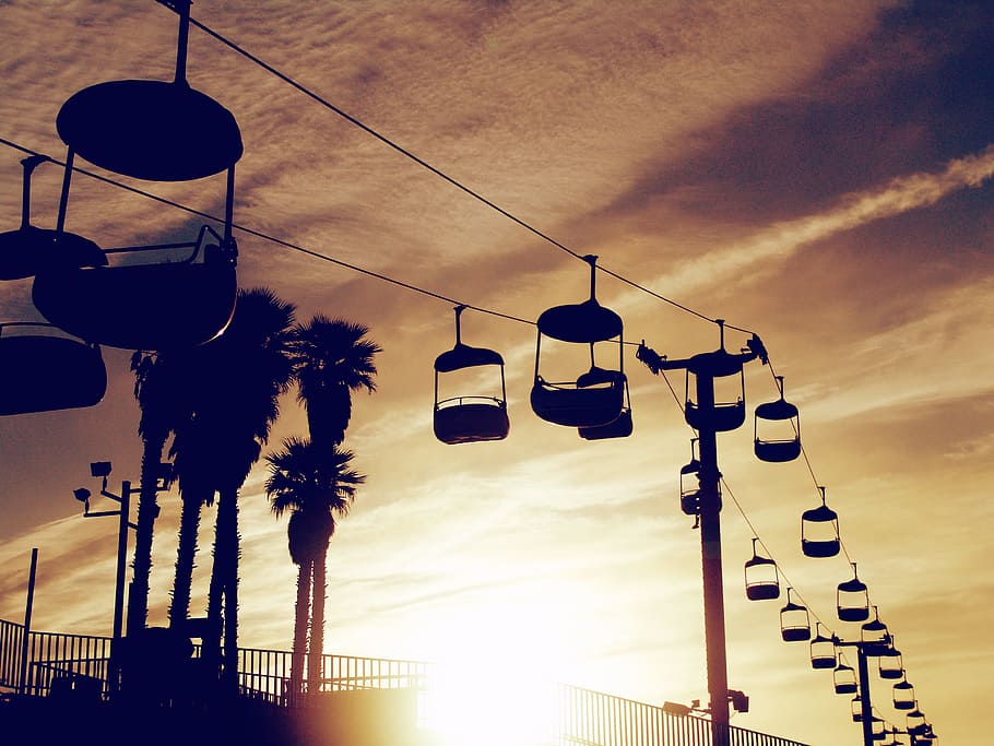 chair lift, cable, sunset, sky, clouds, railing, palm trees, posts, low angle view, cloud - sky