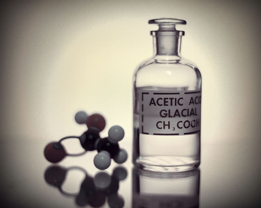 garrafa, ácido acético, molecular, estrutura., acético, teste, ph, ácido, química, solução