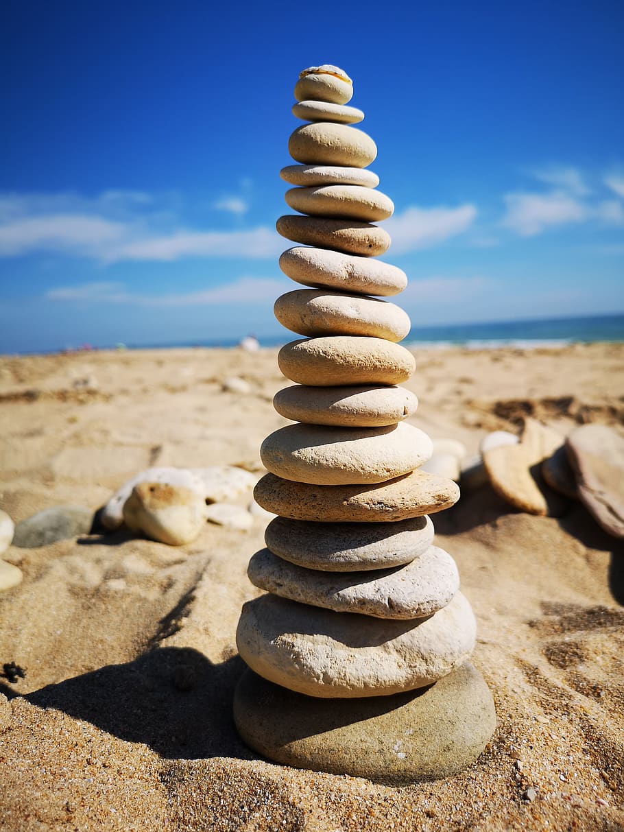 cairn, sea, sand, beach, stones, land, sky, stack, nature, balance