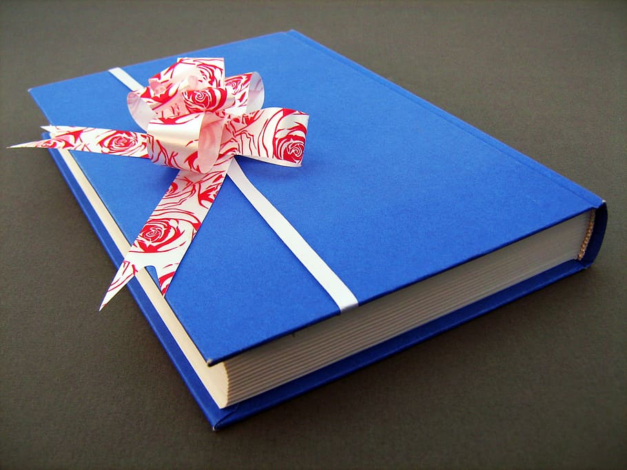 present, book, red, bow, gift, ribbon, literacy, bookstore, blue, still life