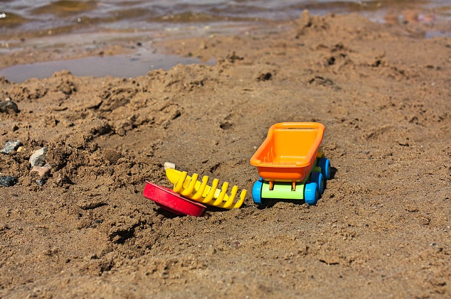 beach, summer, kids, toys, sand, small river, sea, water, in the summer of, ocean