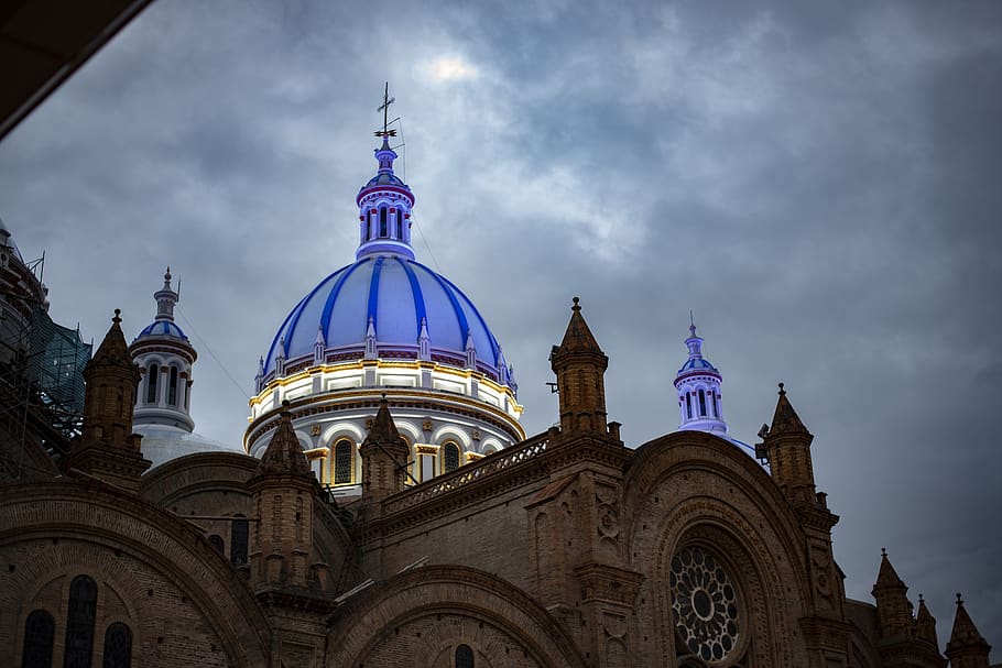 cathedral of cuenca, ecuador, architecture, city, dome, building exterior, built structure, sky, place of worship, cloud - sky