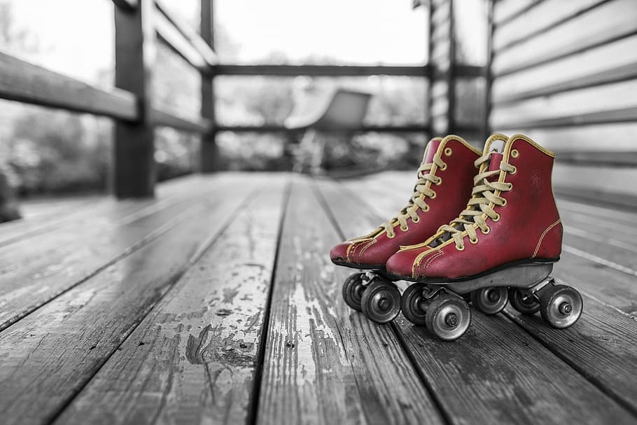 rojo, patines, cordones, ruedas, madera, terraza, porche, zapato, madera - material, sin gente