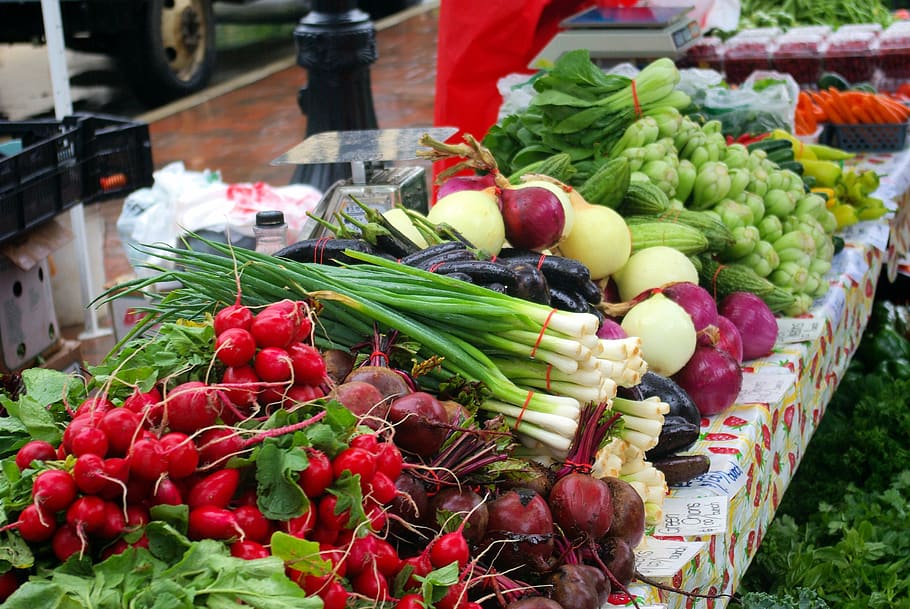 farm market vegetables, radishes, onions, beets, greens, market, food, farm, healthy, radish