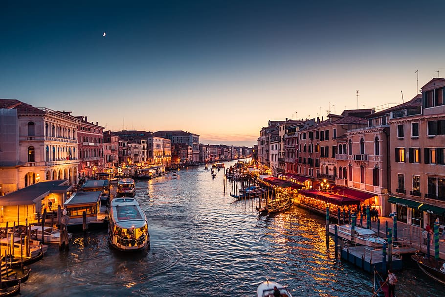 Veneza Itália Canal Grande, noite, arquitetura, barcos, cidade, europa, gôndola, histórico, casas, itália