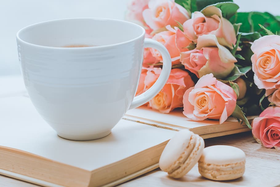 coffee, mug, flowers, roses, caffeine, drinking, drink, cafe, morning, cappuccino