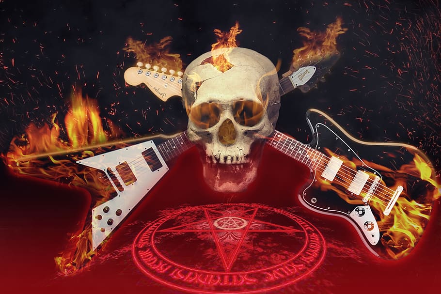 gitar, musik, rock, tengkorak, pentagram, budaya seni dan hiburan, tidak ada orang, api, api - fenomena alam, pembakaran