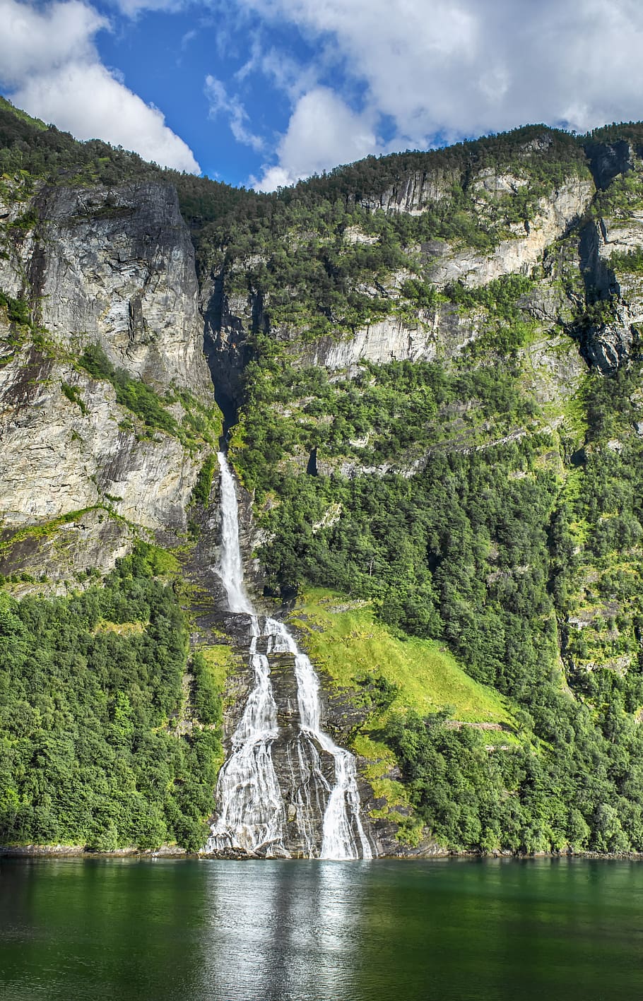 waterfall, fjords, norway, landscape, mountain, geiranger, water, beauty in nature, scenics - nature, rock
