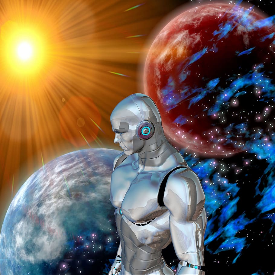 robot, sun, space, distant, sciencefiction, utopia, fantasy, sunlight, planet, atmosphere