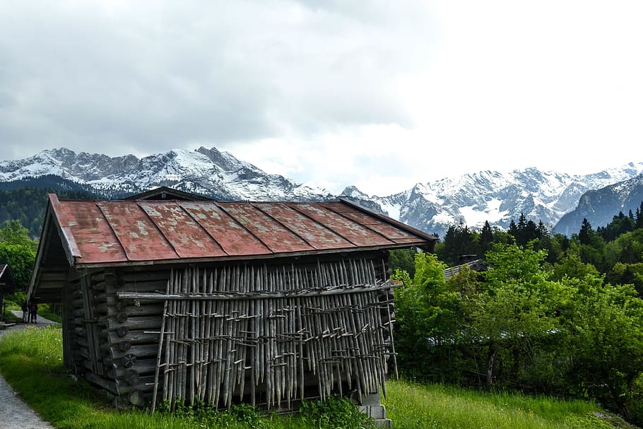 cabin, hut, wood, landscape, nature, mountains, peaks, snow, trees, forest