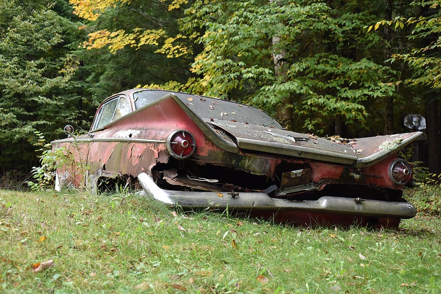 old car, rusting, broken, nostalgia, abandoned, plant, land, field, mode of transportation, grass