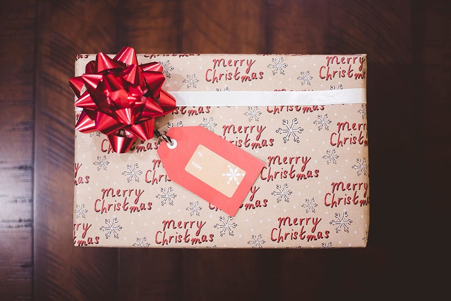 de madeira, brilhante, mesa, vermelho, fita, etiqueta, natal, presente, celebração, texto
