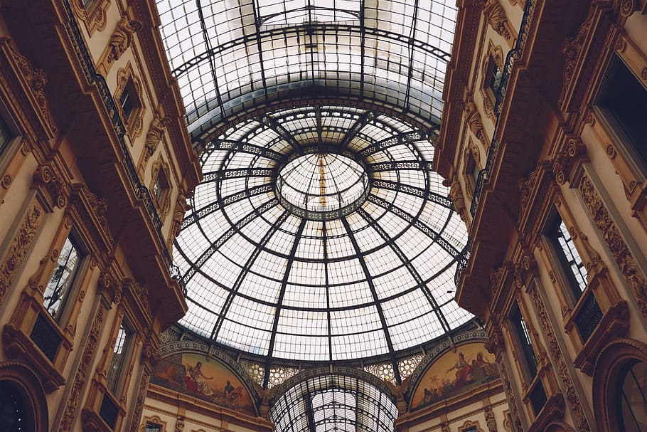 milan building roof, architecture, italy, milan, built structure, ceiling, low angle view, dome, indoors, shopping mall