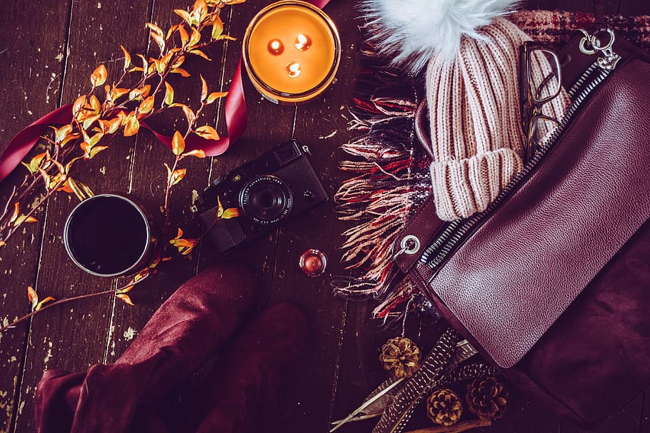 autumn accessories, technology, autumn, camera, candle, coffee, fall, hat, purse, tech