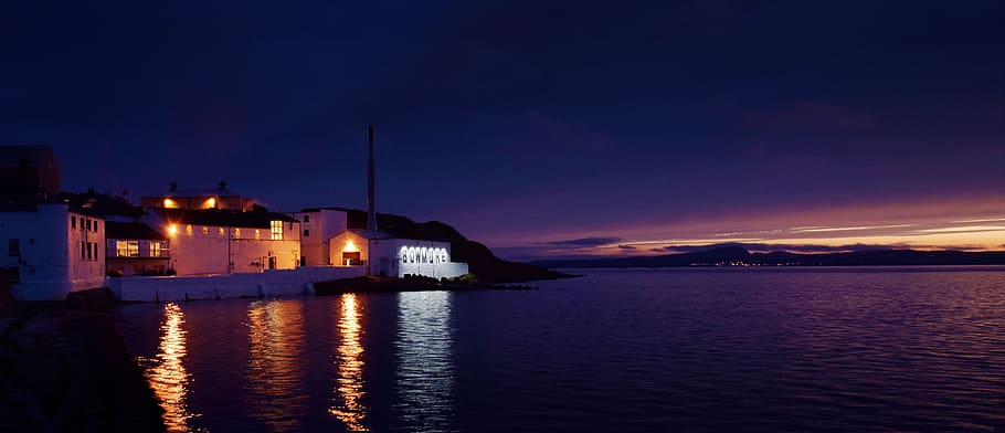 scotland, distillery, bowmore, night, sunset, islay, whisky, water, illuminated, architecture