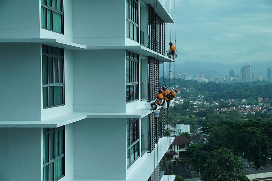 building maintenance, job in the air, safety first, painting facade, brave workers, skyscraper homes, architecture, built structure, building exterior, building