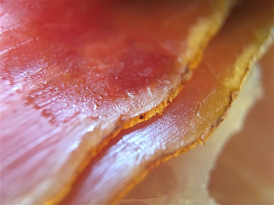 prosciutto ham, smoked prosciutto ham, striations, meat, marbled, rind, fat, ham, food, close up