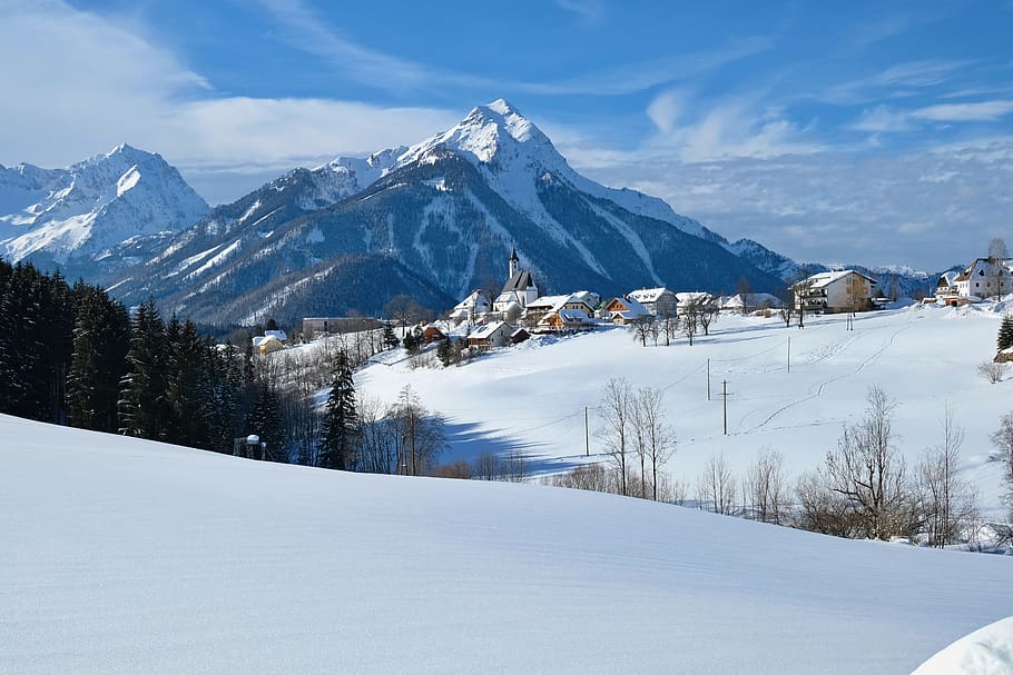 neve, paisagem, montanhas, vila, inverno, invernal, natureza, bergdorf, panorama, panorama da vila