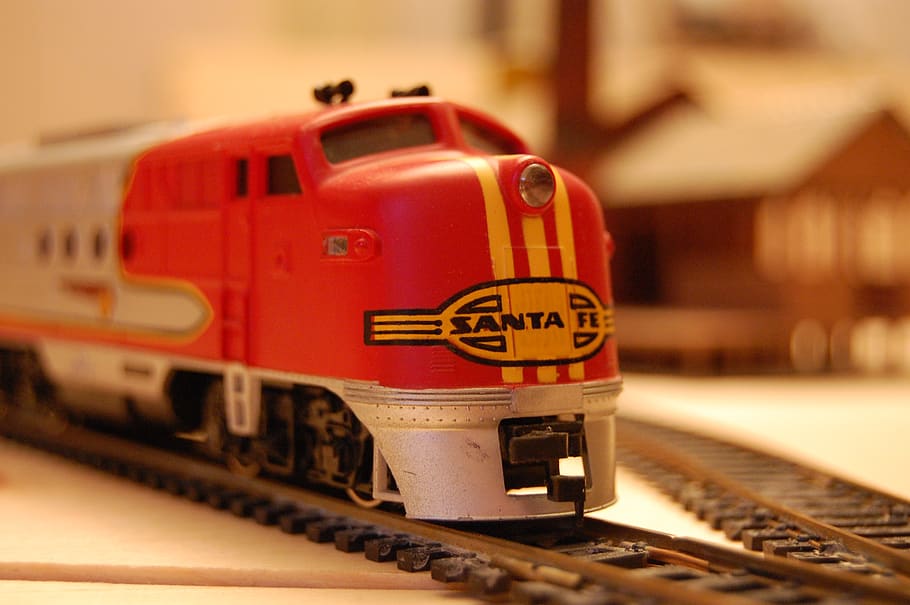 train, toy, electric, diesel, red, indoors, number, rail transportation, focus on foreground, selective focus