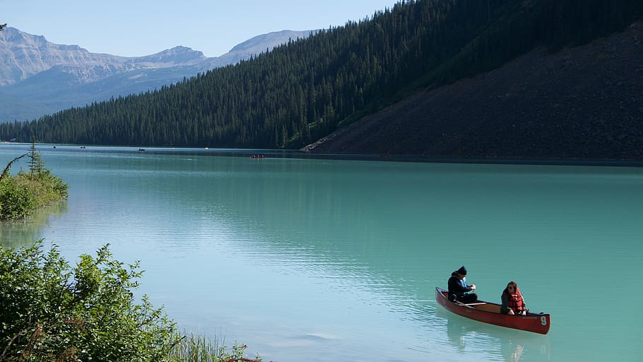 paisaje, escénico, canoa, barco, ocio, agua glacial, Lake Louise, Canadá, Bayer, viajar