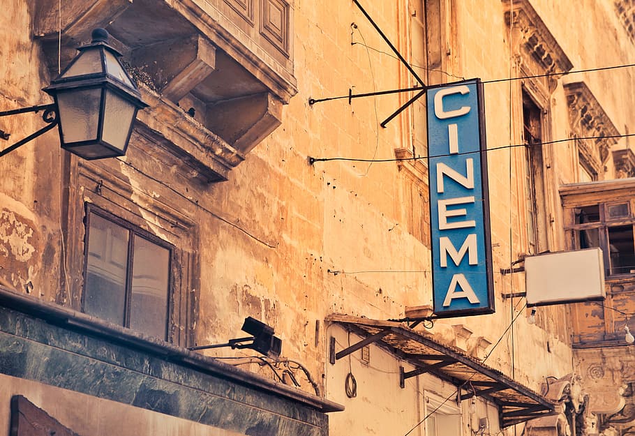 buildings, signboard, word cinema, valletta, malta, advertising, old, show, wall, banner