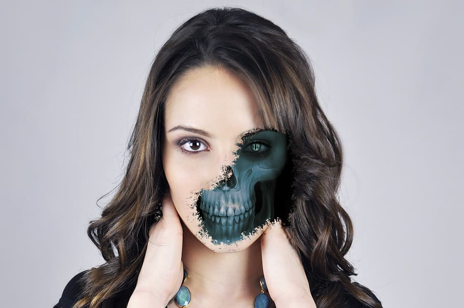 woman, girl, skull, halloween, face, horror, skeleton, transition, evil, portrait