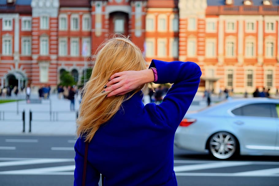 beautiful, woman, blond hair, model, back view, station, street, transportation, one person, hair
