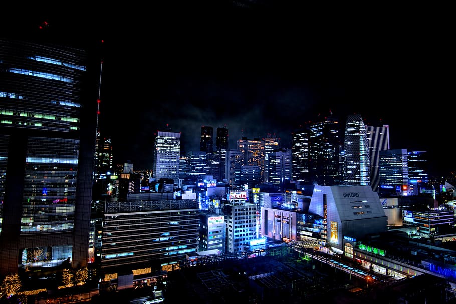 tóquio, à noite, cidade, e, urbano, japão, exterior do edifício, arquitetura, iluminado, estrutura construída