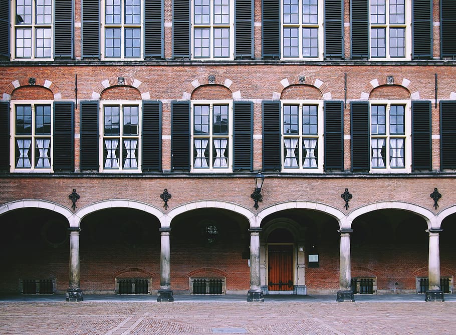 Den Haag, Belanda, pemerintah, bangunan, arsitektur, batu bata, lengkungan, jendela, daun jendela, batu bulat
