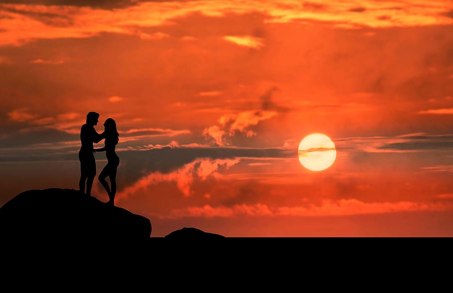 amanecer, pareja, silueta, puesta de sol, personas, amor, verano, paisaje, juntos, romance