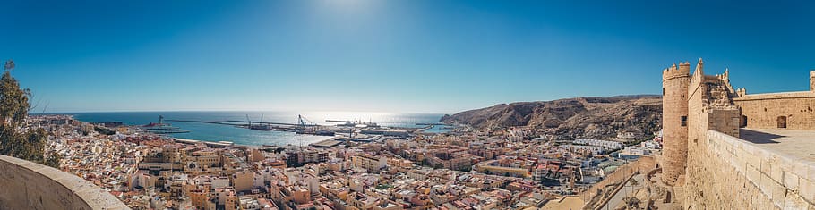 almeria, panorama, alcazaba, spanyol, benteng, lanskap, bersejarah, lautan, arsitektur, tengara