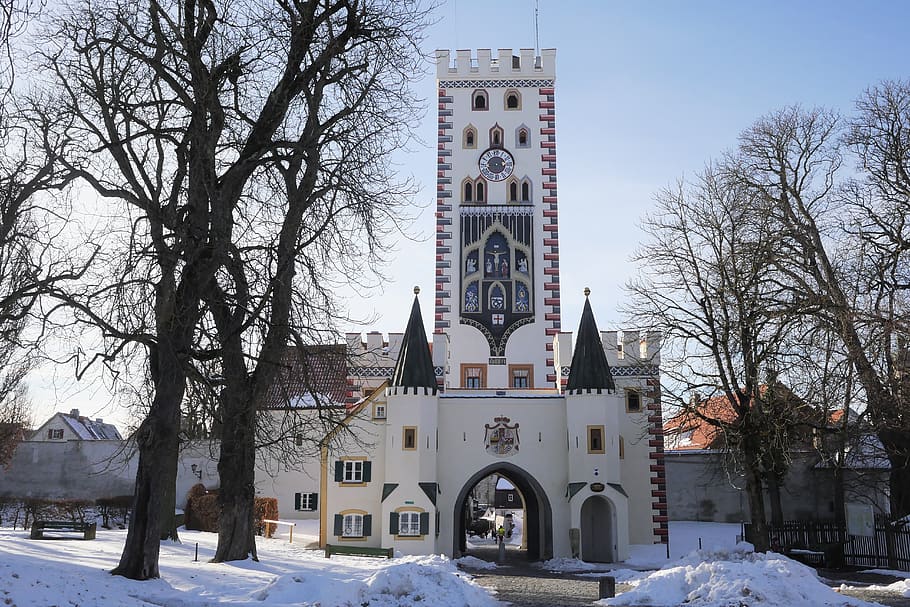 bayer gate, city, architecture, building, landmark, city gate, bavaria, landsberg, lech, snow