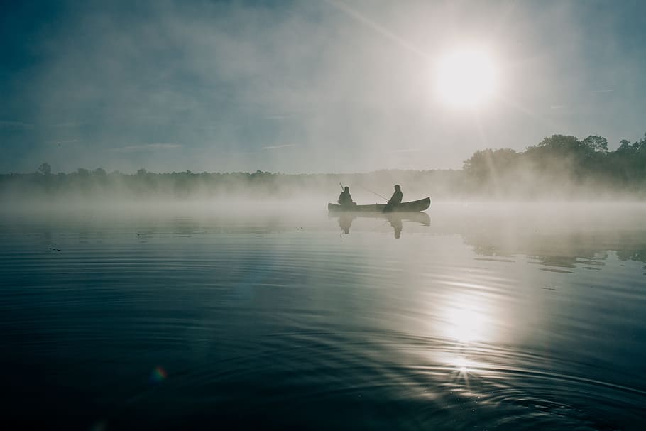 barco, lago, agua, canoa, canotaje, personas, pesca, pescador, amanecer, niebla