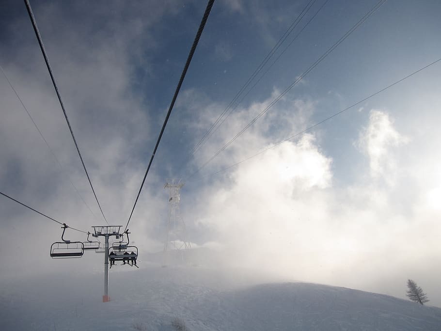 ski, cables, lifts, mountain, sky, cable car, scenics - nature, cloud - sky, cable, winter