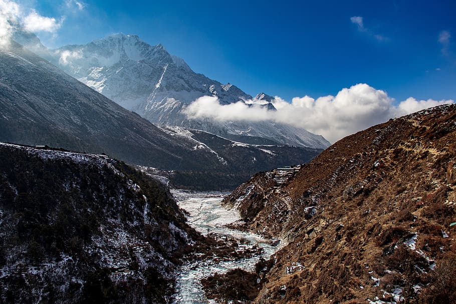 Himalaya, Nepal, montañas, río, valle, hermoso, vista, espectacular, nieve, aventura