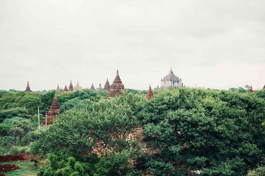 ancient, pagodas, bagan, myanmar, surrounded, trees, architecture, asia, asian, buddhism