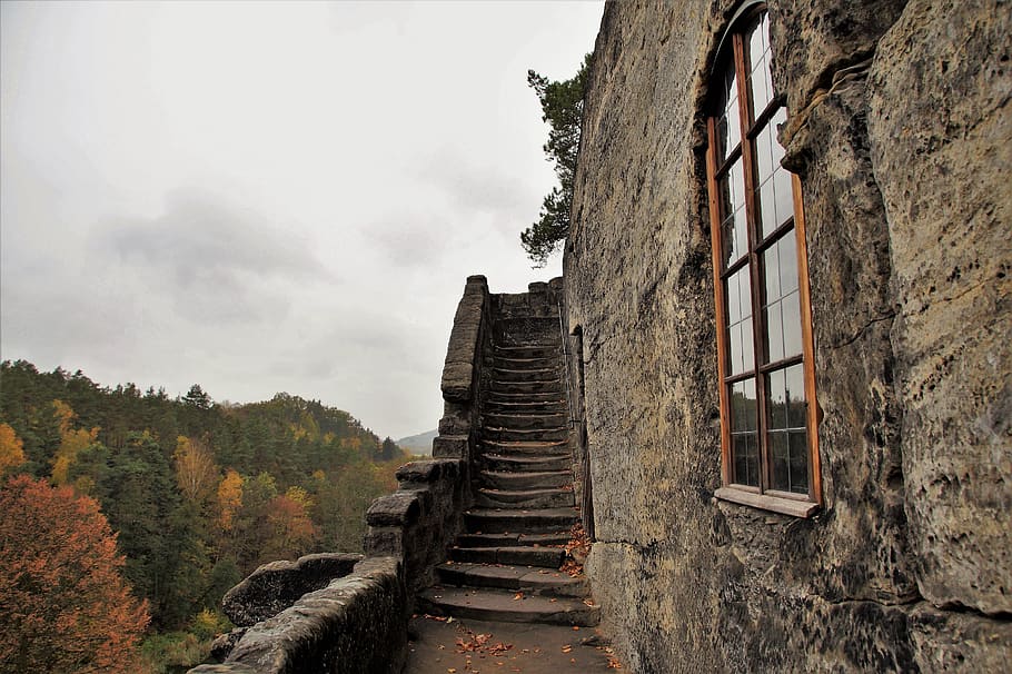 stairs, stone, carved, rock, castle, monk, dwelling, history, staircase, ancient