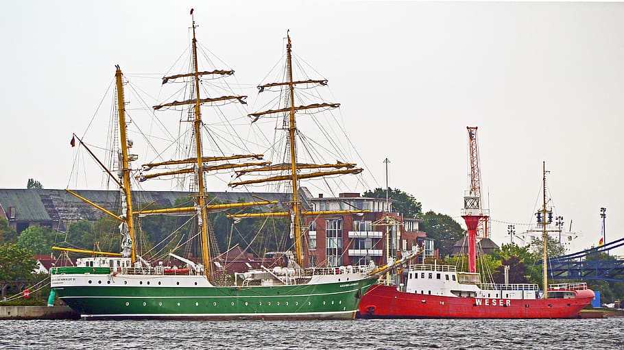 tall ship, lightship, three masted, alexander-von-humboldt, green, museum ship, port, wilhelmshaven, inland port, ship