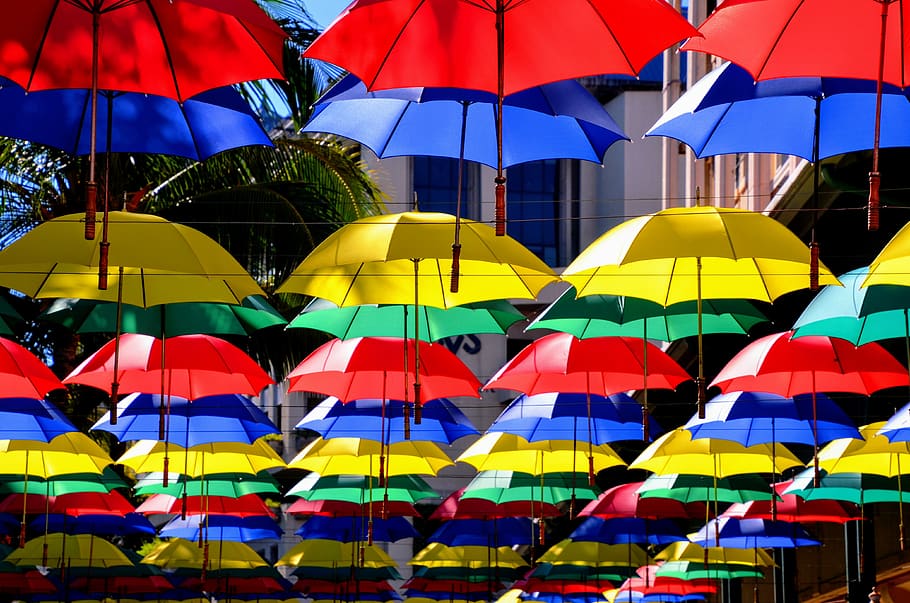 mauritius, happiness, parasol, umbrella, vacations, blue, yellow, colors, green, red