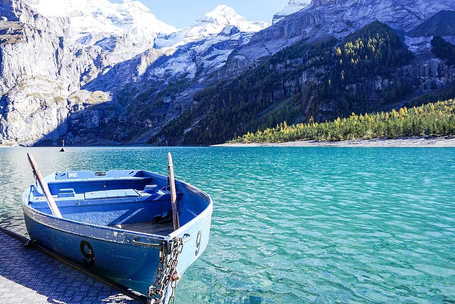 boat, lake, mountain, row, blue, green, water, snow, alps, swiss