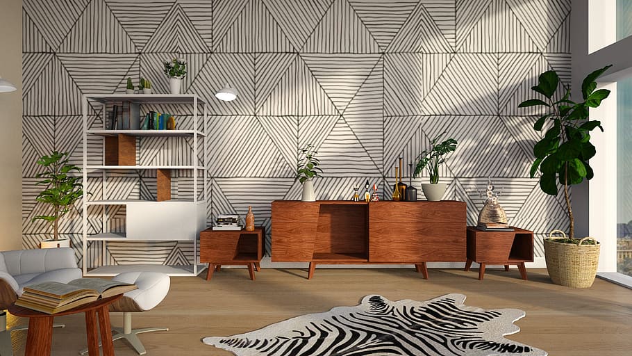 shelves, carpet, geometric pattern, room, light, furniture, modern ...